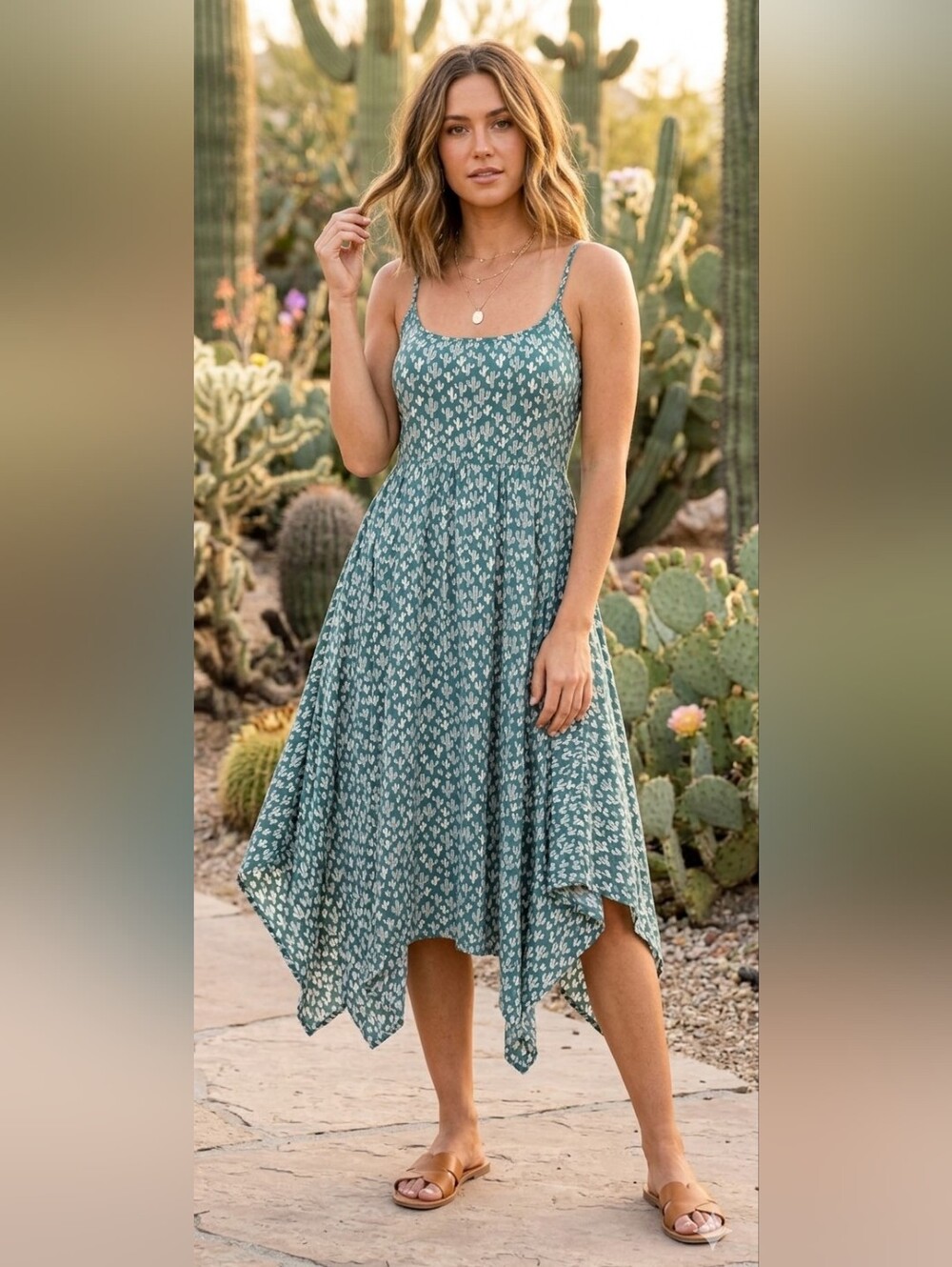 Angie Teal Floral Handkerchief Hem Midi Dress